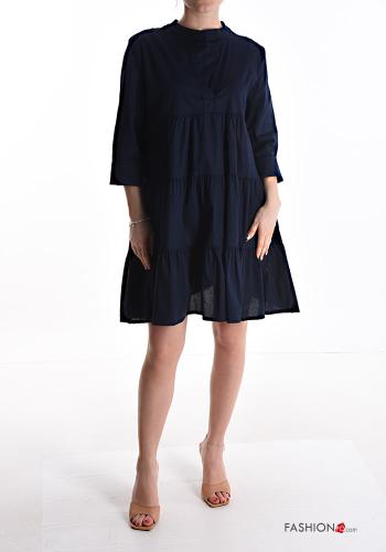  knee-length Cotton Dress with flounces 3/4 sleeve with buttons Prussian blue