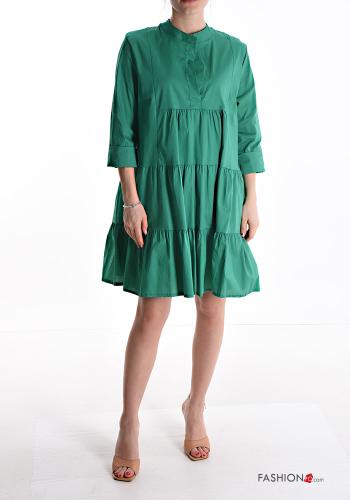  knee-length Cotton Dress with flounces 3/4 sleeve with buttons Jade