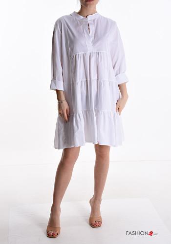  knee-length Cotton Dress with flounces 3/4 sleeve with buttons White