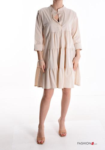  knee-length Cotton Dress with flounces 3/4 sleeve with buttons Beige