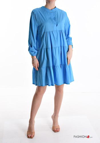  knee-length Cotton Dress with flounces 3/4 sleeve with buttons Light blue