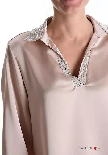  satin with collar Blouse with sequins with v-neck