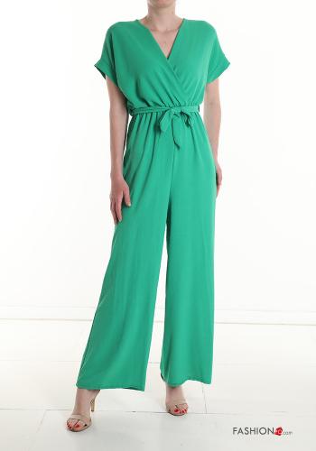  kurze ärmel wide leg Overall mit V-Ausschnitt mit schärpe