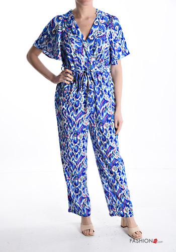  Patterned short sleeve Jumpsuit with bow with v-neck