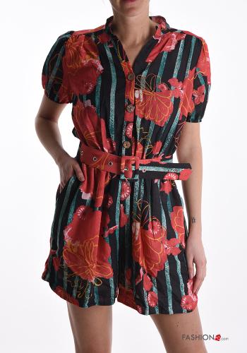  Jumpsuit Fantasia floreale con bottoni con cintura con tasche  Nero