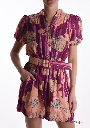  Jumpsuit Fantasia floreale con bottoni con cintura con tasche  Rosso violaceo