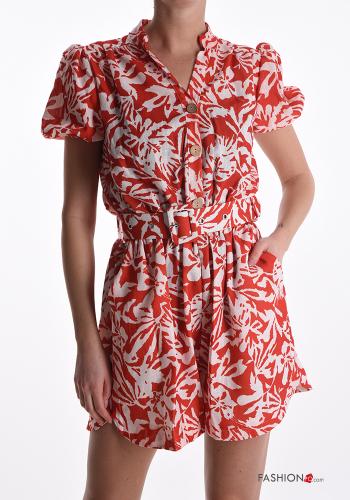  Floral short sleeve Jumpsuit with belt with buttons with v-neck with pockets