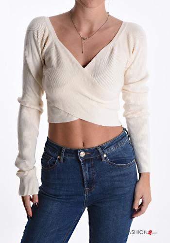  long sleeve Top with v-neck Ivory