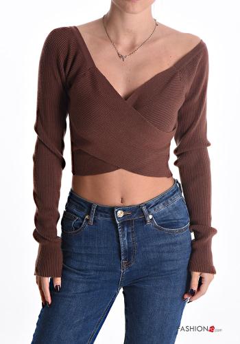  long sleeve Top with v-neck Brown