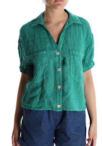  v-neck Linen Shirt with pockets Jade