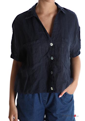  v-neck Linen Shirt with pockets Midnight blue