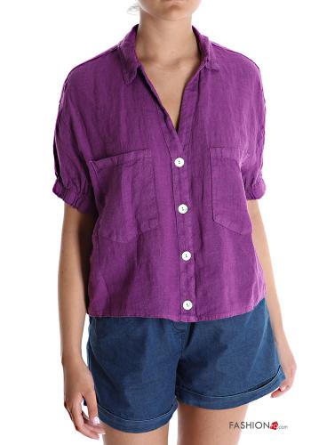  v-neck Linen Shirt with pockets Purple