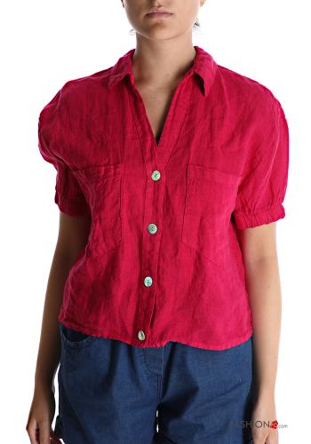  v-neck Linen Shirt with pockets Red