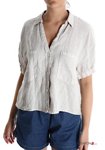  v-neck Linen Shirt with pockets White Cream