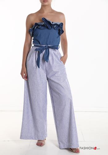  Jumpsuit in Cotone Fantasia righe con fusciacca con balze con tasche  Blu