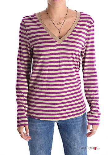  Camiseta de manga larga a rayas con cuello en v 