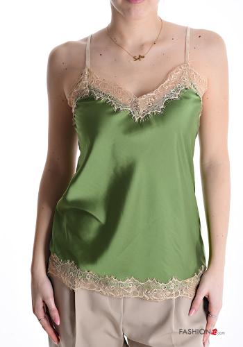  lace trim satin Tank-Top with v-neck