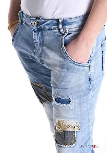  Calças de ganga em Algodão cintura descida com rotos com bolsos 