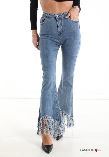  flared Cotton Jeans with pockets with fringe Light cornflower blue