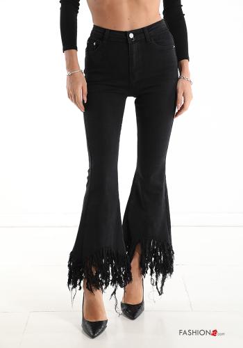  flared Cotton Jeans with pockets with fringe Black