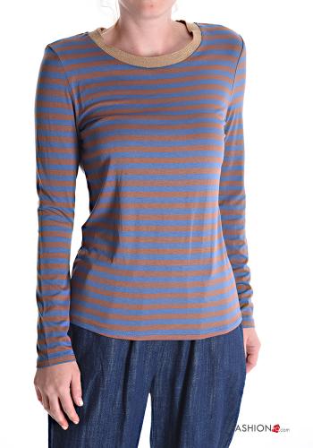  Camiseta de manga larga cuello redondo a rayas 