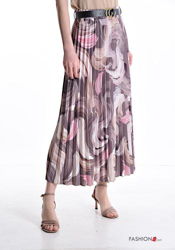  Patterned pleated Longuette Skirt with belt with elastic Mud Brown