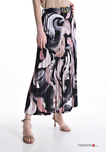  Patterned pleated Longuette Skirt with belt with elastic Black
