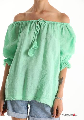  Linen Blouse with bow with fringes