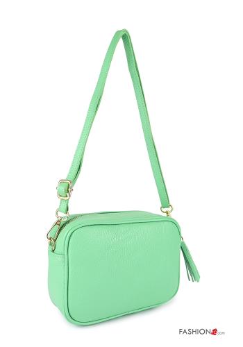  Genuine Leather Bag with zip with shoulder strap with fringes Light green