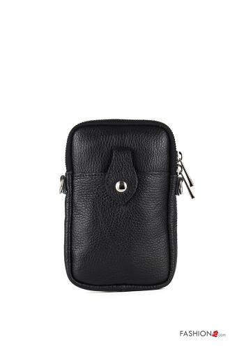  Mobile phone Genuine Leather Case with zip with shoulder strap Black