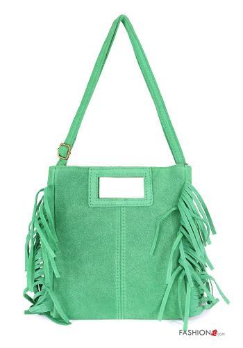  Suede Genuine Leather Bag with zip with shoulder strap with fringes Greenwood