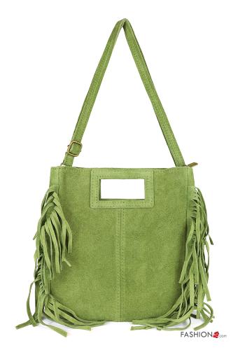  Suede Genuine Leather Bag with zip with shoulder strap with fringes Green