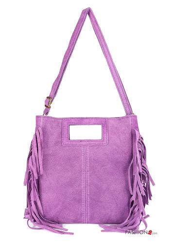  Suede Genuine Leather Bag with zip with shoulder strap with fringes Purple