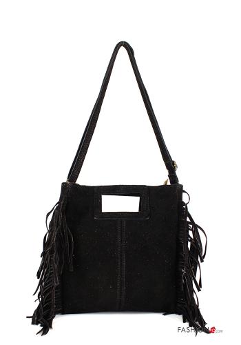  Suede Genuine Leather Bag with zip with shoulder strap with fringes Black