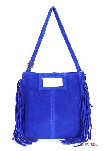  Suede Genuine Leather Bag with zip with shoulder strap with fringes Electric blue