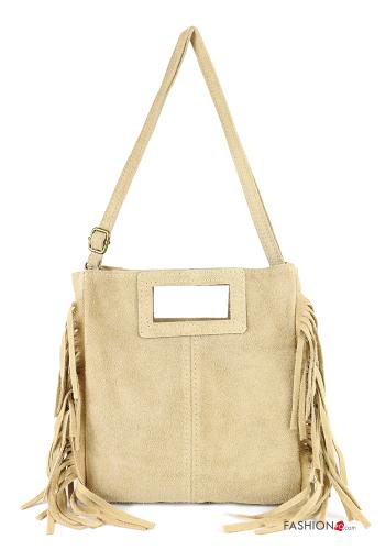  Suede Genuine Leather Bag with zip with shoulder strap with fringes Camel