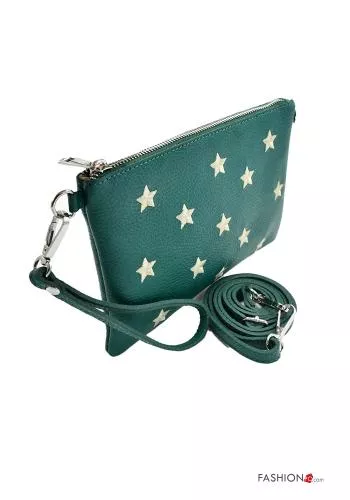  Star-patterned Genuine Leather Purse with zip with shoulder strap