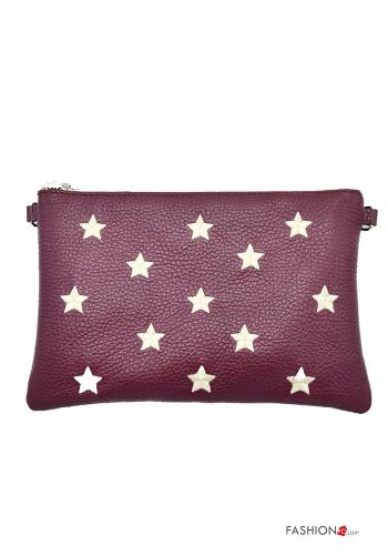  Star-patterned Genuine Leather Purse with zip with shoulder strap Bordeaux