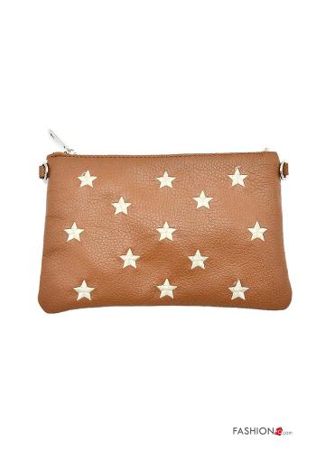  Star-patterned Genuine Leather Purse with zip with shoulder strap Camel