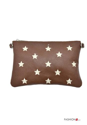  Star-patterned Genuine Leather Purse with zip with shoulder strap Brown