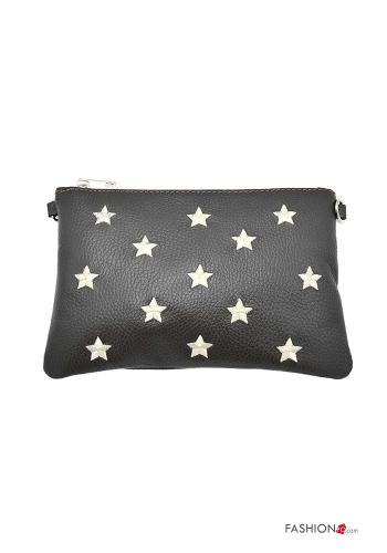  Star-patterned Genuine Leather Purse with zip with shoulder strap Dark brown