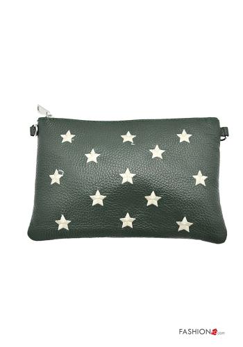  Star-patterned Genuine Leather Purse with zip with shoulder strap Green