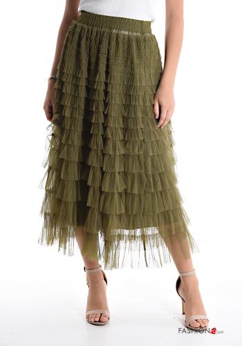  tulle Longuette Cotton Skirt with lining with elastic with flounces Military green