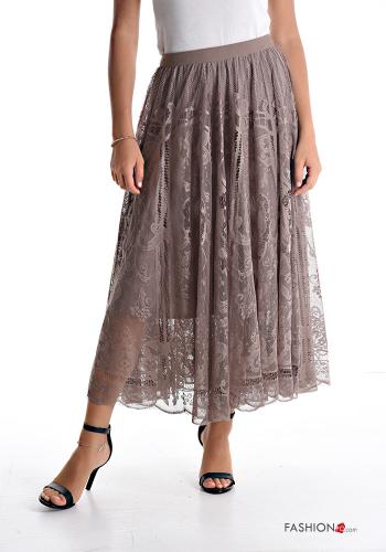  lace trim Longuette Skirt with elastic Mud Brown