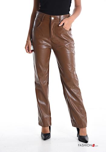  Pantalones imitación de cuero cintura alta con bolsillos  Marrón