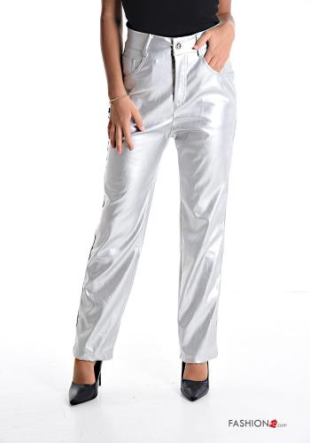  Pantalones imitación de cuero cintura alta con bolsillos  Argénteo