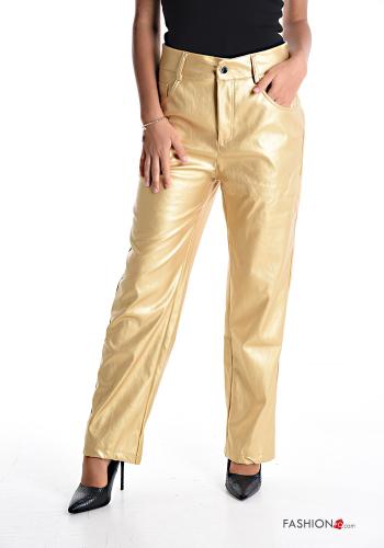  Calças imitação de couro cintura subida com bolsos  Dourado