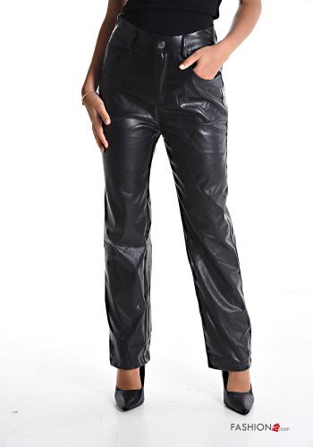  Pantalon faux cuir taille haute avec poches  Noir