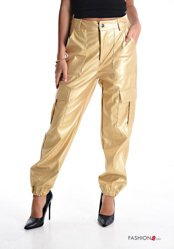  Pantalone ecopelle vita alta con tasche  Oro