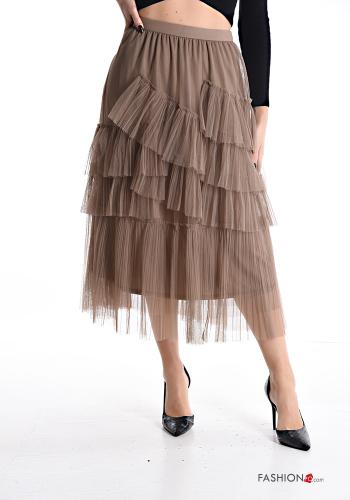  tulle midi Skirt with flounces with elastic Camel